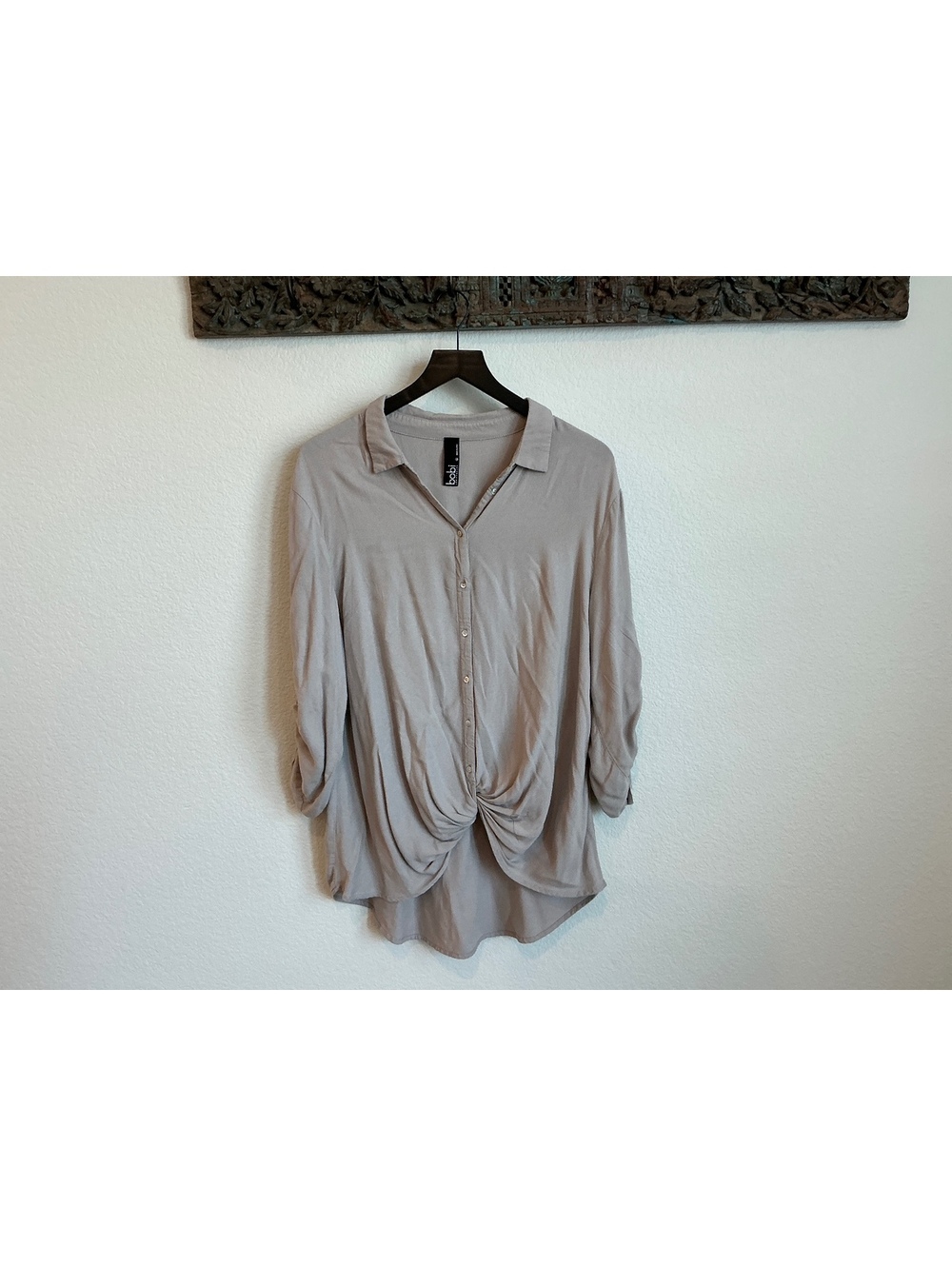 bobi Light Taupe Button-Up Shirt with Twist Front Detail